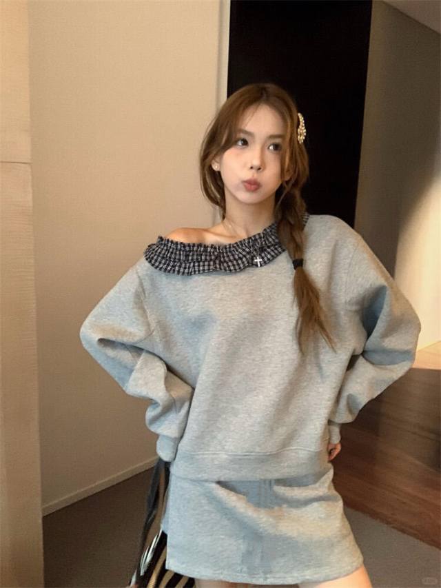 Haute couture suit Designed off-shoulder plaid splicing sweatshirt and short ski