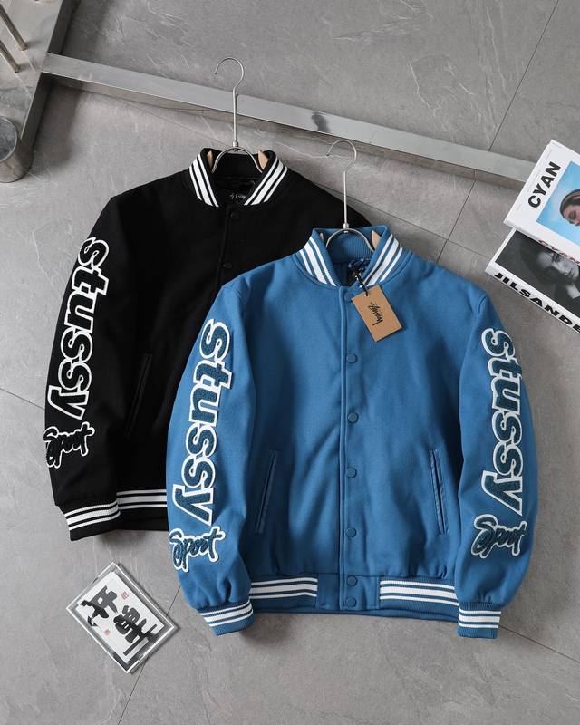 Thin and thickened Stussy double-sleeved flocked patch baseball jacket Stussy's