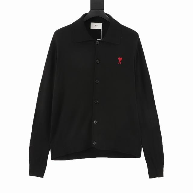 Ami Paris Small Heart Embroidered Square Neck Knit Cardigan Woven from luxurious