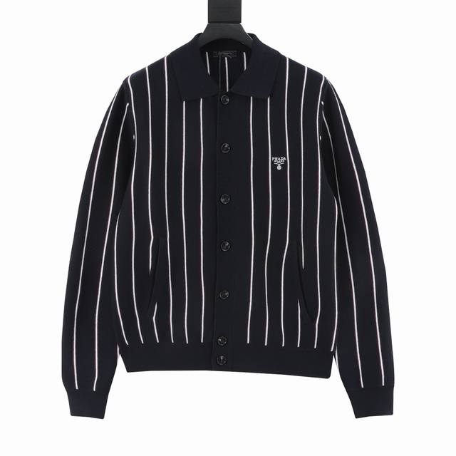 Prada Prd vertical stripe embroidered square collar knitted cardigan sweater coa