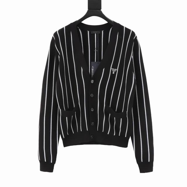 Prada Prd vertical stripe embroidered V-neck cardigan DDD. Made of a custom-wove