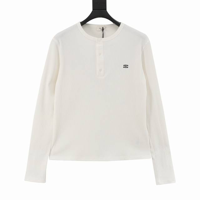Celine's new 2025 three-button, half-open Henley collar, Triomphe embroidered lo