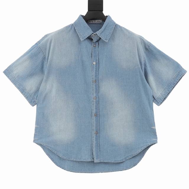 Acne Studios 25Ss Ac distressed letter logo denim short-sleeved shirt Washed blu