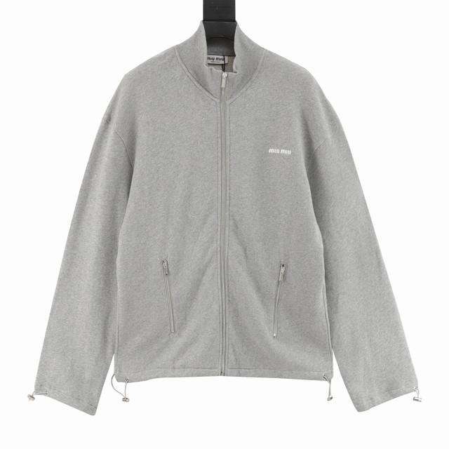 Miu Miu Mm cotton and linen stand-up collar jacket with small embroidery and zip