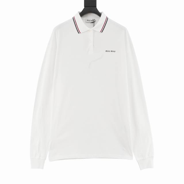 Miu Miu Mm embroidered lettering red striped collar long-sleeved polo shirt Auth