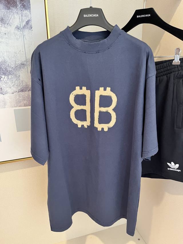 Blcg 24Ss Bitcoin Double B printed ripped short-sleeved T-shirt in dark blue, un