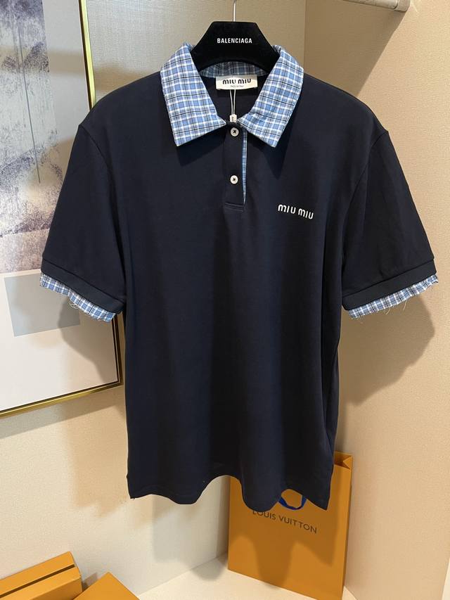Size: 36 38 40 Miumiu's new plaid collar patchwork pique cotton polo shirt is no