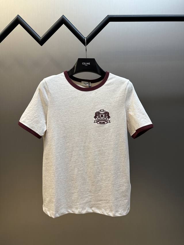 Celine badge embroidered short sleeves Imported cotton material, solid color bas