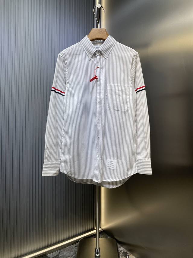 Thom Browne Ribbon Striped Shirt Custom made cotton yarn-dyed striped natural fa