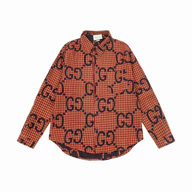 Top version Gucci 24Ss red and blue plaid double G jacquard cotton and linen lon