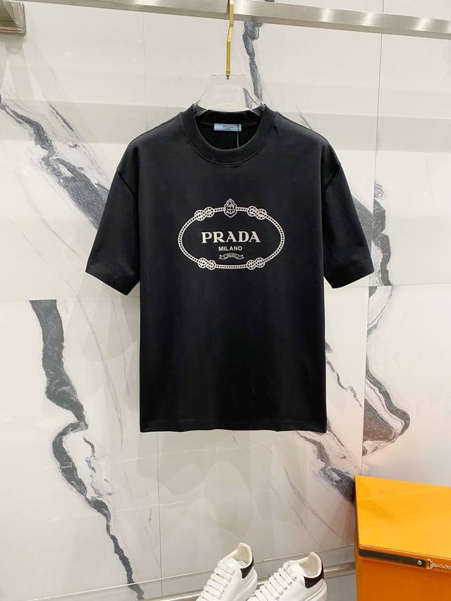 Prada 320g round neck short-sleeved T-shirt Iconic logo crown letter print Offic