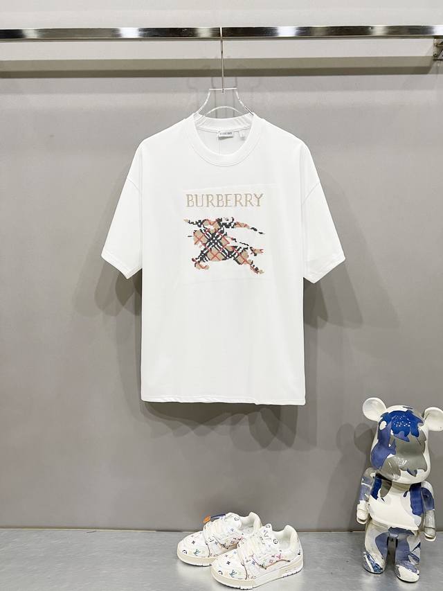 Burberry 260g round neck short-sleeved T-shirt Brand plaid warhorse embroidery a
