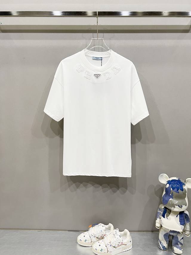 Prada 260g round neck short-sleeved T-shirt neckline patch embroidered letter lo
