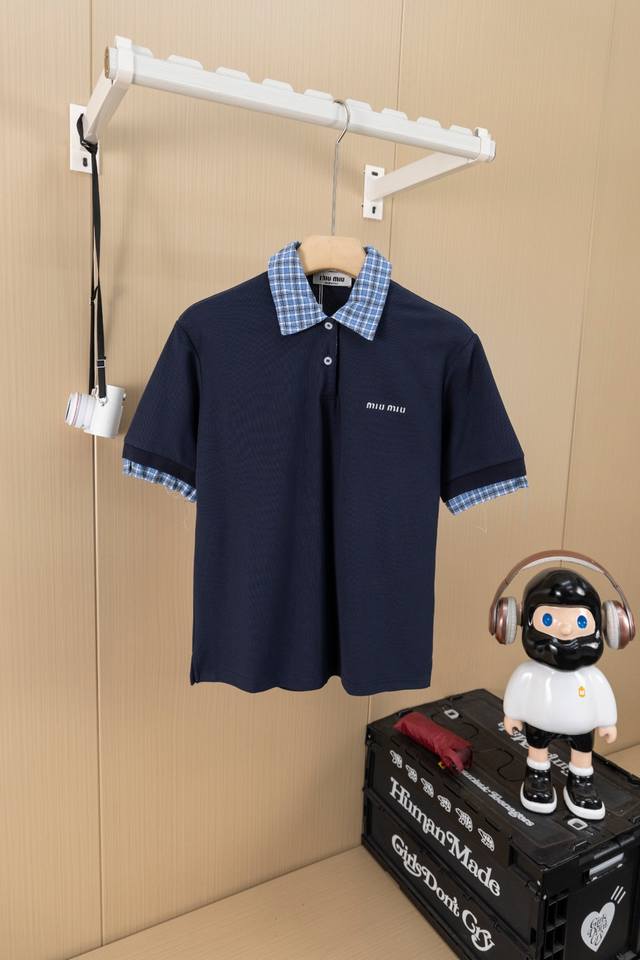 Top version Miumiu logo fake two-piece plaid polo shirt Miu series college girl