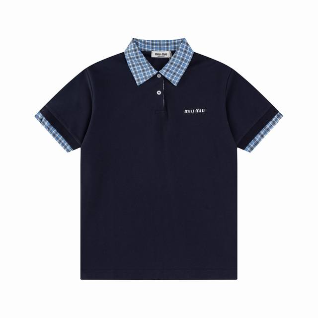 Top version Miumiu logo fake two-piece plaid polo shirt with white background. M