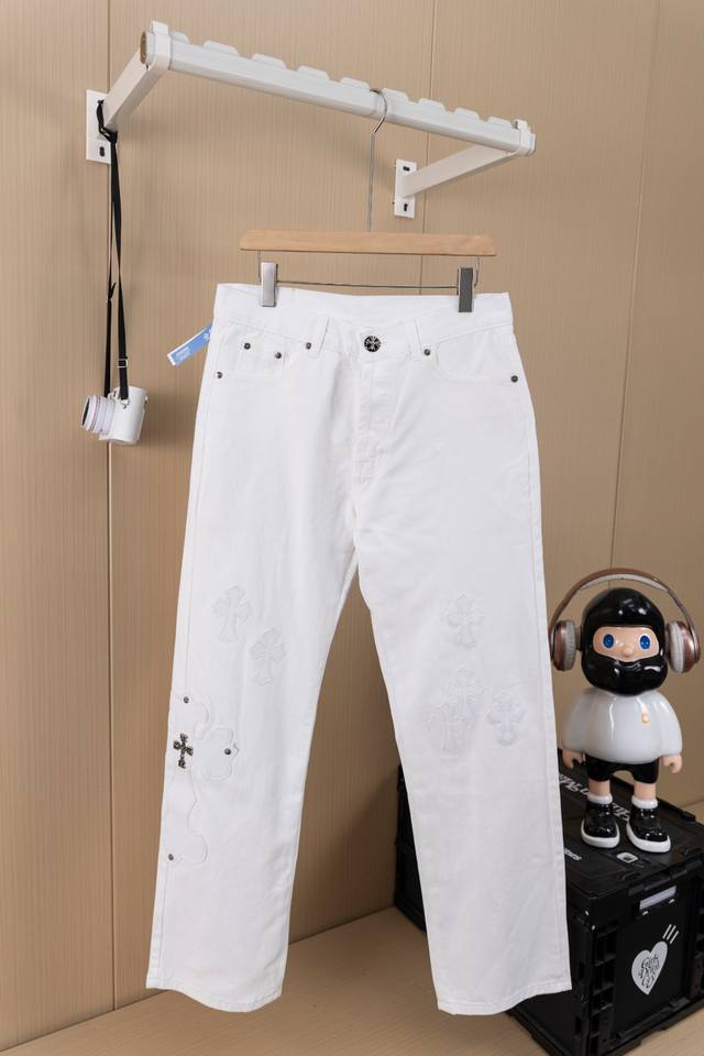 Hanging picture Chrome Hearts new white leather patchwork white jeans Vi top-lev