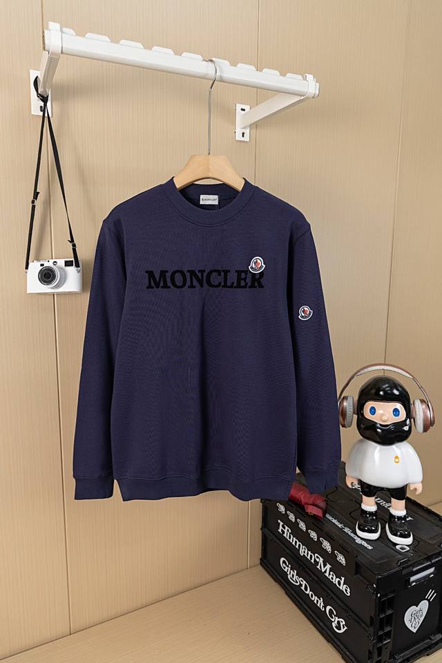 Available photos Moncler flocked letter small logo round neck sweatshirt in blac