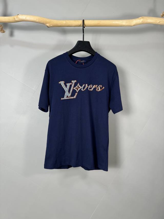 Louis Vuitton 1V 2025 New Hand-Beaded Short-Sleeved T-Shirt 40S Cotton Plain Wea