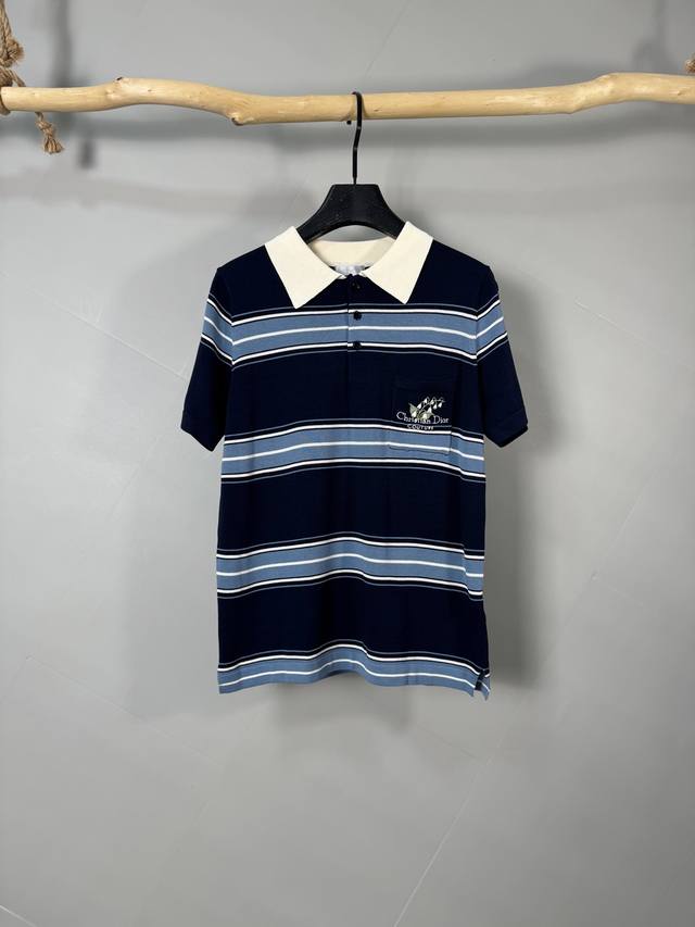 Dior Dio*25Ss new embroidered lily-of-the-valley lapel striped knitted short-sle