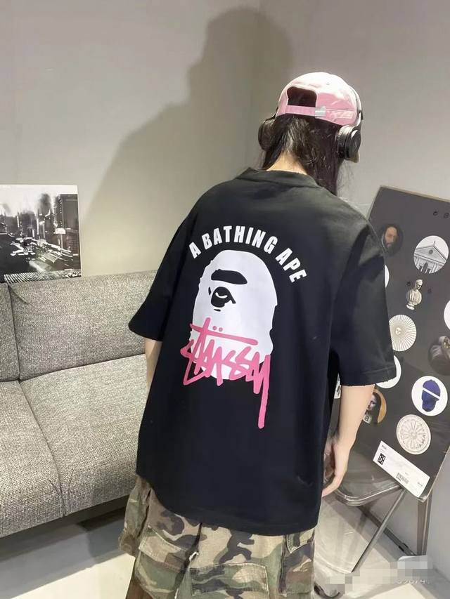 00141 Bape Stussy co-branded printed short-sleeved T-shirt, with all three logos