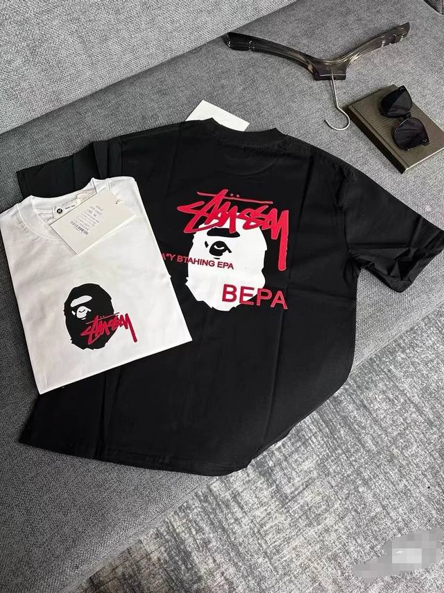 001069 Bape Stussy co-branded printed short-sleeved T-shirt, unisex, sizes Smlxl
