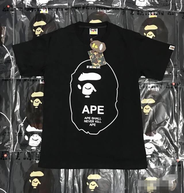 001062 Bape Ape Head Print Short Sleeve T-shirt Unisex Size Smlxlxxl Black White