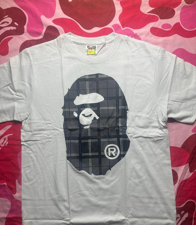001019 Bape Bape Logo Check Big Ape Head Tee Black Plaid Big Ape Head Short Slee