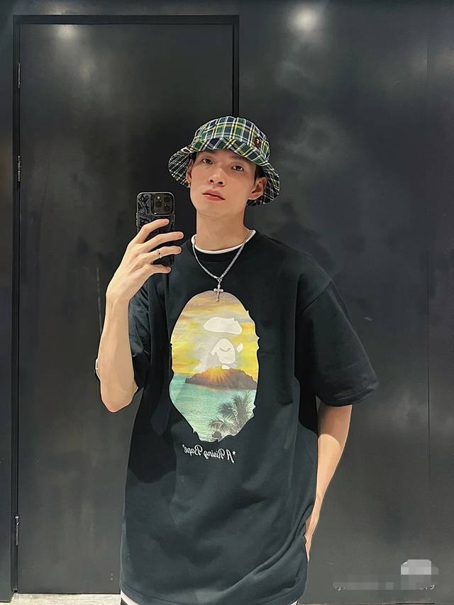 00109 A Bathing Ape Ss24 loose-fitting Miami sunrise pattern round neck short-sl