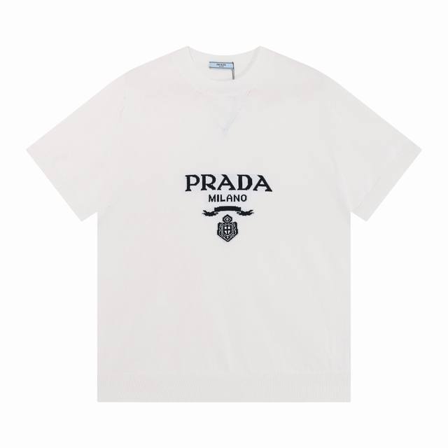 Prada Prada Logo Embroidered Round Neck Knit T-shirt Color: Blue, Gray, White Si