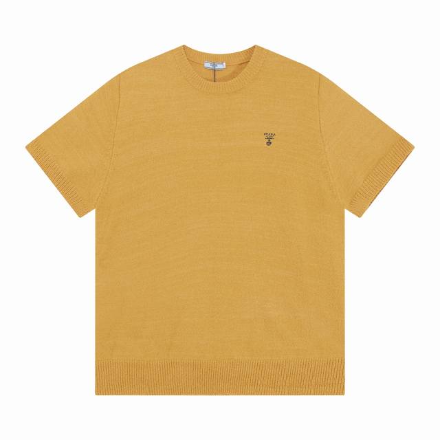 Prada solid color small logo embroidered round neck knit T-shirt Color: Yellow S