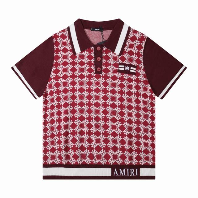 Amiri patchwork jacquard Polo embroidery knitted T-shirt short sleeves Color: bl