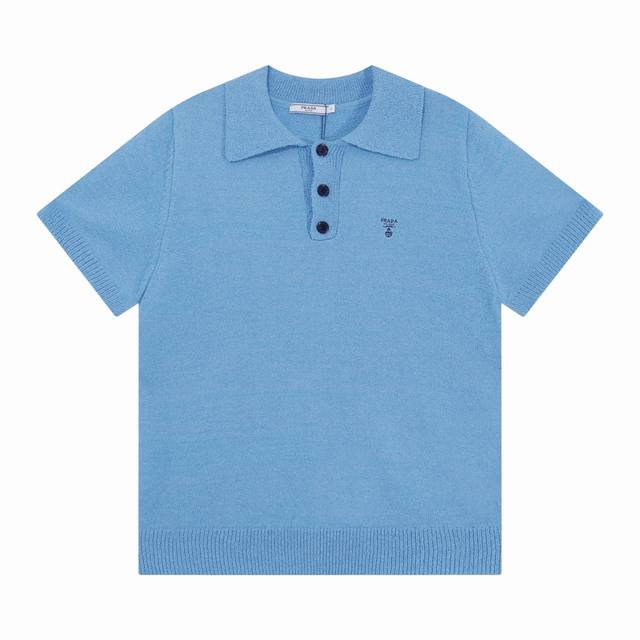Prada Prada blue and black striped badge embroidered Polo knit T-shirt Color: Bl