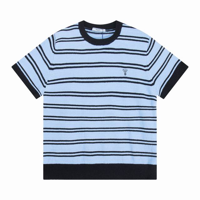 Prada Prada blue and black striped badge embroidered round neck knitted T-shirt