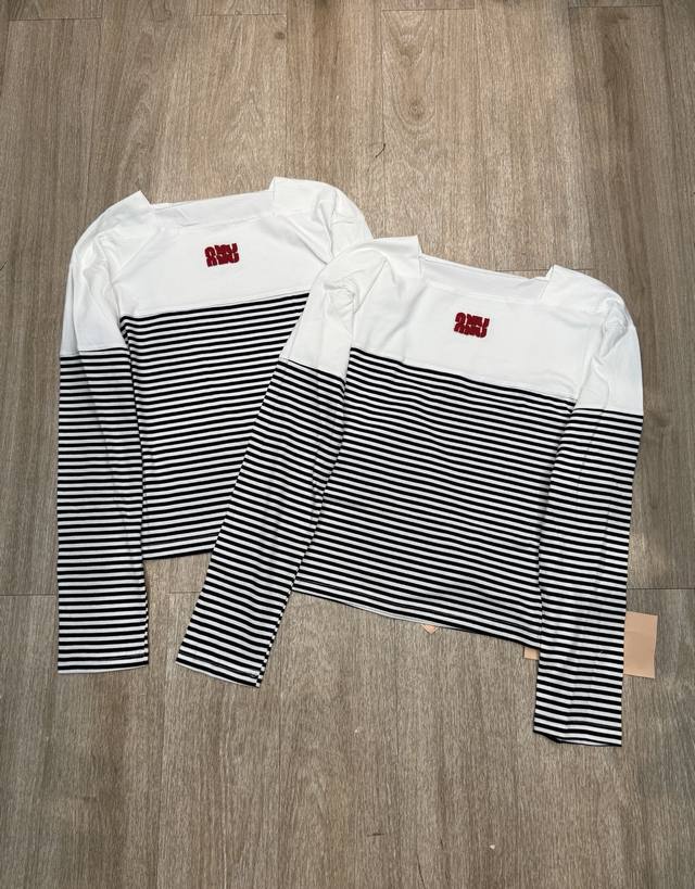 M329#Miumiu French luxury 25Ss new small embroidery patchwork striped long-sleev