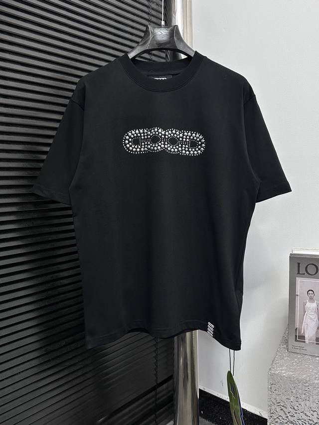 Goodbrand Gb25Ss letter pearl sequin short-sleeved shirt 280g pure cotton double