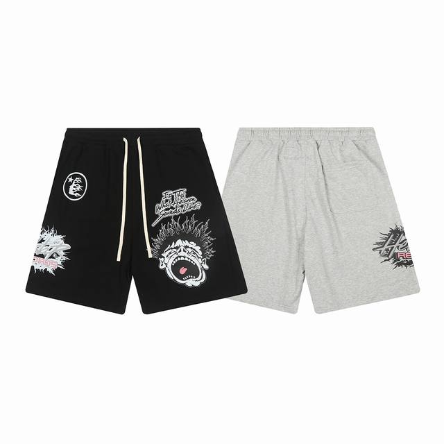1101# Hellstar Hellstar Pure Cotton Terry 350g Printed Casual Shorts Color: Blac