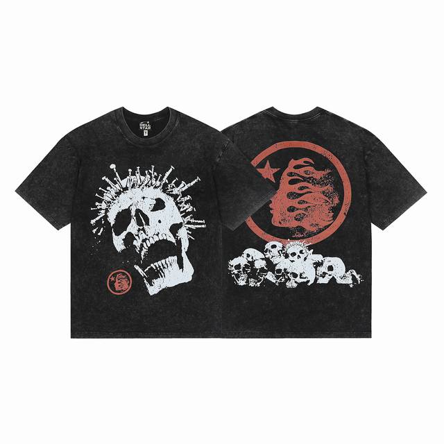 7727# Washed Hellstar Hell Star Ins Same Style Retro Print Tops Men's and Women'