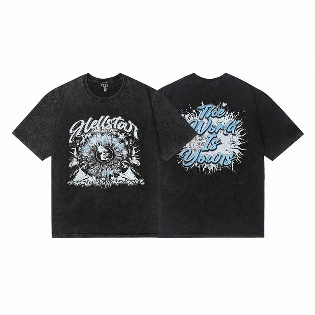 7723# Washed Hellstar Hell Star Ins Same Style Retro Print Tops Men's and Women'