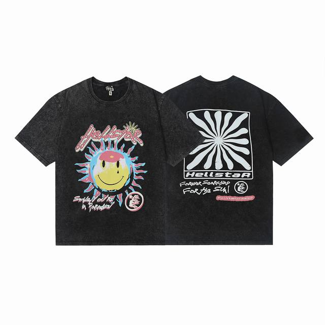 7722# Washed Hellstar Hell Star Ins Same Style Retro Print Tops Men's and Women'
