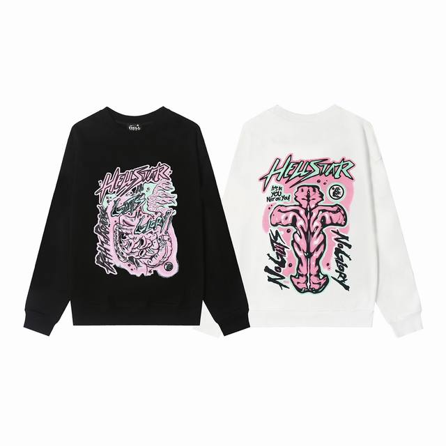 8825# Hellstar High Quality American Style Printed Cotton Terry Round Neck Sweat