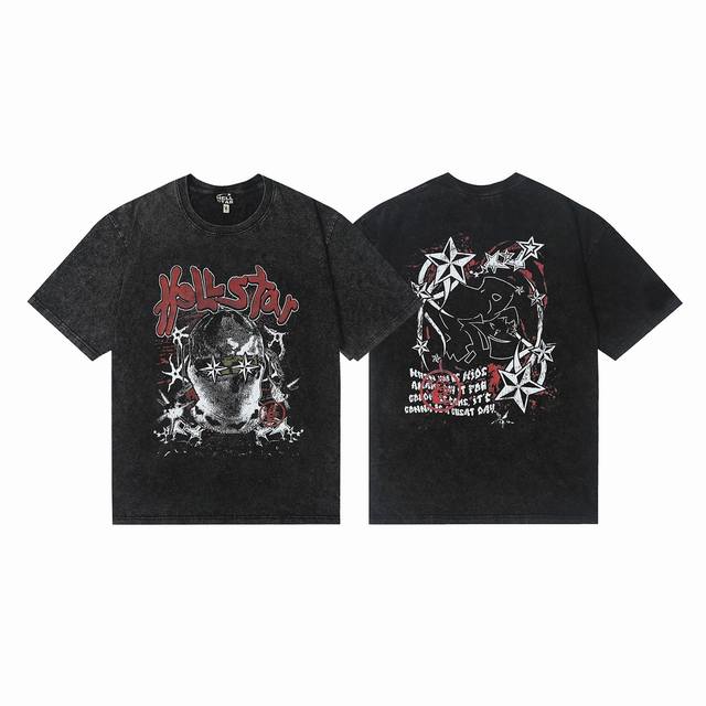 7712# Washed Hellstar Hell Star Ins Same Style Retro Print Tops Men's and Women'