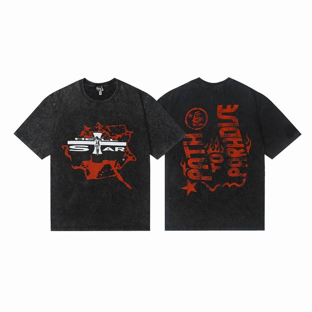 7715# Washed Hellstar Hell Star Ins Same Style Retro Print Tops Men's and Women'