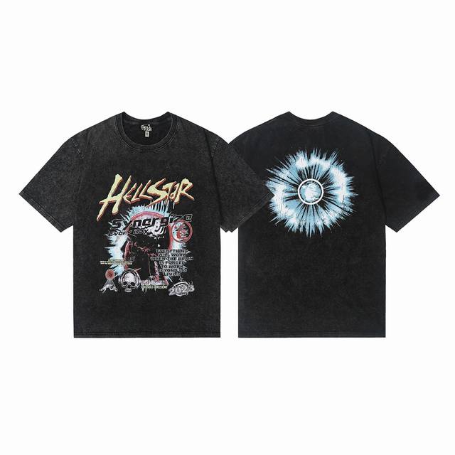 7713# Washed Hellstar Hell Star Ins Same Style Retro Print Tops Men's and Women'