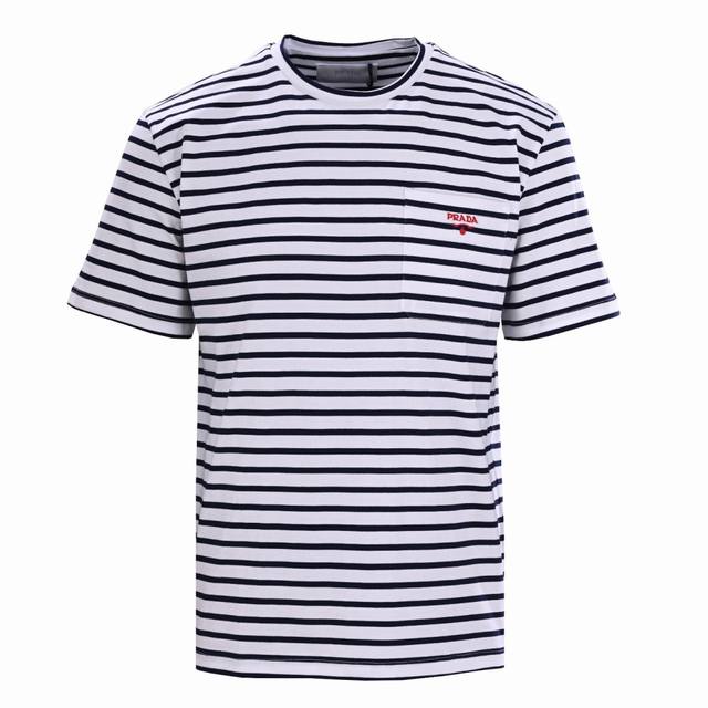 Prada Prd white embroidered red striped pocket short-sleeved T-shirt Customized