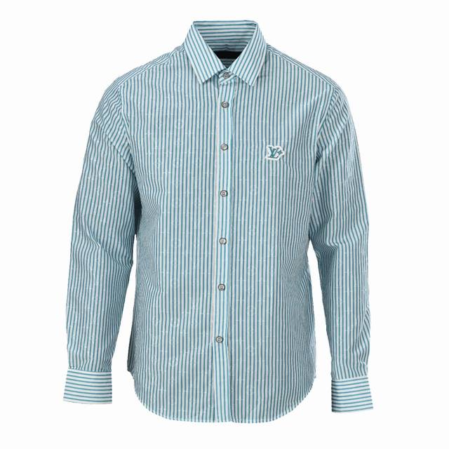 Louis Vuitton Lv Logo patch green striped long-sleeved shirt Authentic 11369 pur