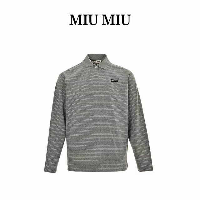 Miu Miu 25Fw small logo striped lapel Polo long-sleeved T-shirt fabric weight 18