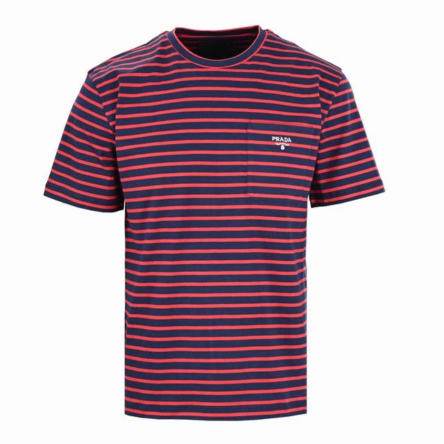 Prada Prd red embroidered black and white striped pocket short-sleeved T-shirt C