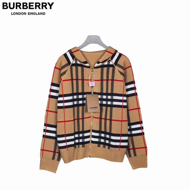 Burberry 25Ss Check Reversible Wool Back Horse Jacquard Cardigan Sweater Jacket.