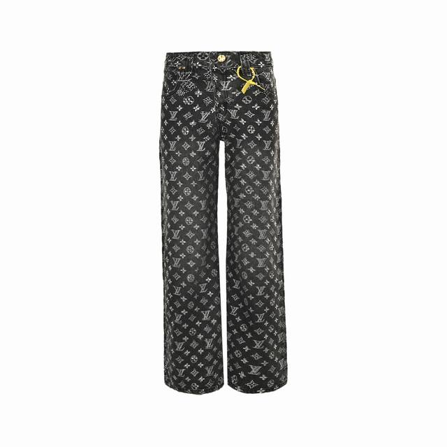 Louis Vuitton 25Fw Monogram-printed, rhinestone-embellished jeans. Crafted from