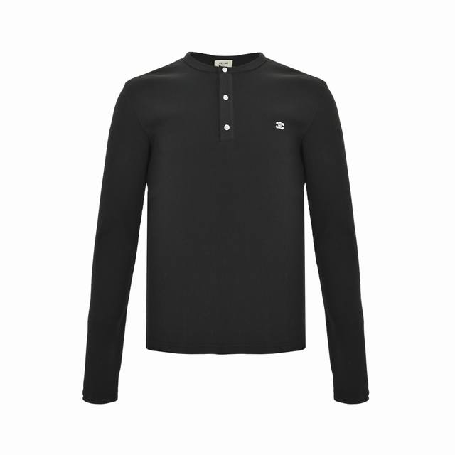 Celine three-button, half-open Henley collar, embroidered long-sleeved T-shirt D